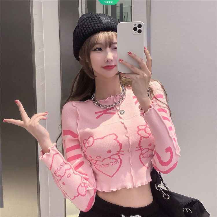 Áo Sweater Dệt Kim Tay Dài Dáng Ôm In Hoạt Hình Sanrio Kitty Thời Trang Xuân Thu 2023 Cho Nữ