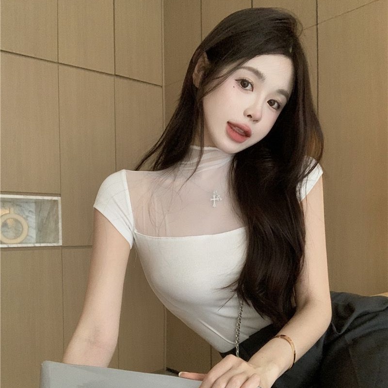 Áo thun COZOK ngắn tay cổ cao phối lưới ôm dáng gợi cảm dành cho nữ