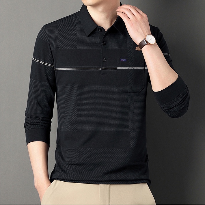 ☞Áo Thun polo Tay Dài Dáng Ôm In Họa Tiết Kẻ Sọc Ngang Có Túi Thời Trang Cho Nam