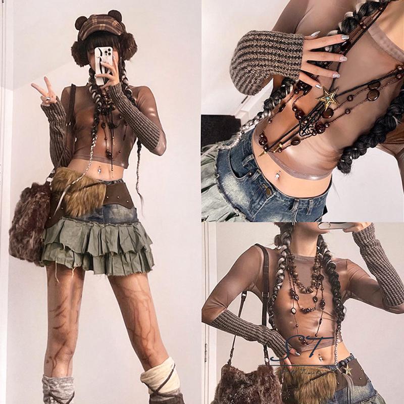 Áo Croptop Dệt Kim Tay Dài Cổ Tròn In Màu Nhuộm Thời Trang Cho Nữ CY03