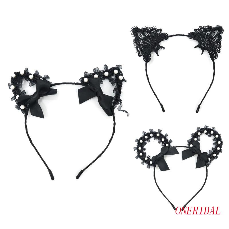 Băng Đô Tai Mèo Phối Ren Đính Ngọc Trai Dễ Thương Phong Cách Lolita