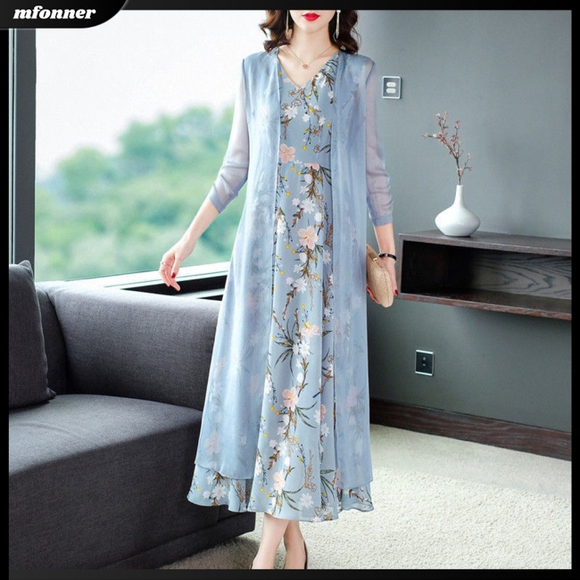 Bộ Đầm Voan 2 Mảnh Không Tay In Họa Tiết Xinh Xắn Dành Cho Nữ