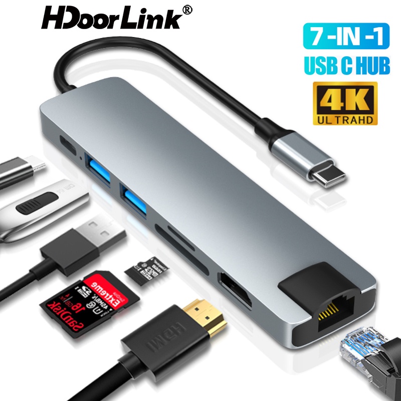 Bộ Hub Chia Cổng USB HdoorLink Type C 3.0 7 Trong 1 4K HDMI SD / TF 100W Cho M-acbook Pro Air PC Laptop