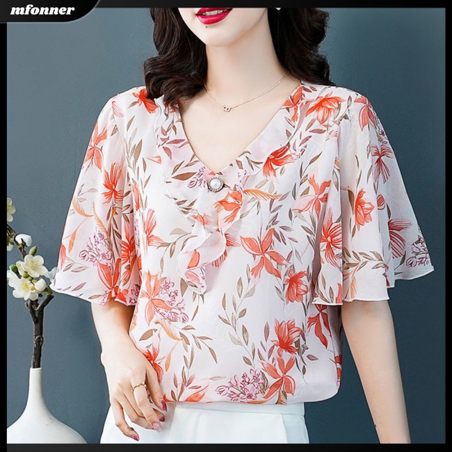 Áo Sơ Mi Chiffon Tay Lửng Dáng Rộng Cổ Chữ V In Hoa Thời Trang Mùa Hè Cho Nữ