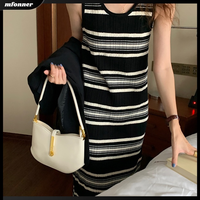 Đầm Chữ A Hai Dây Cổ Tròn Lưng Cao Họa Tiết Kẻ Sọc Màu Sắc Tương Phản Thời Trang Mùa Hè Quyến Rũ Cho Nữ