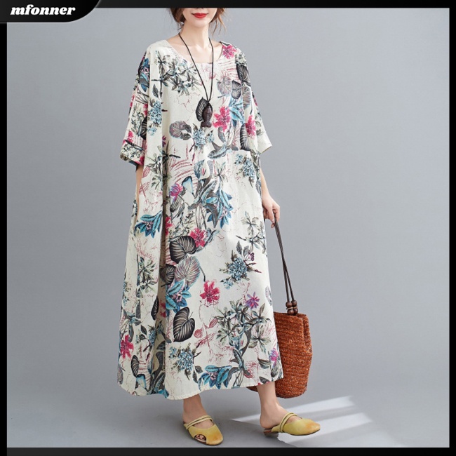 Đầm Dài Vải Lanh Cotton Tay Ngắn Cổ Tròn Plus Size Thời Trang Mùa Hè Cho Nữ