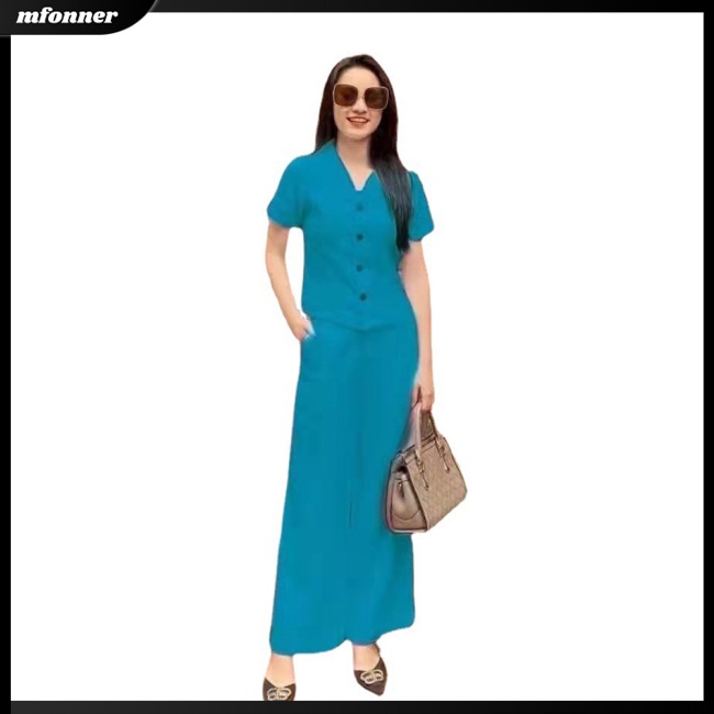 Bộ Trang Phục 2 Mảnh Áo Tay Ngắn Màu Trơn Phối Quần Dài Ống Rộng Thời Trang Cho Nữ