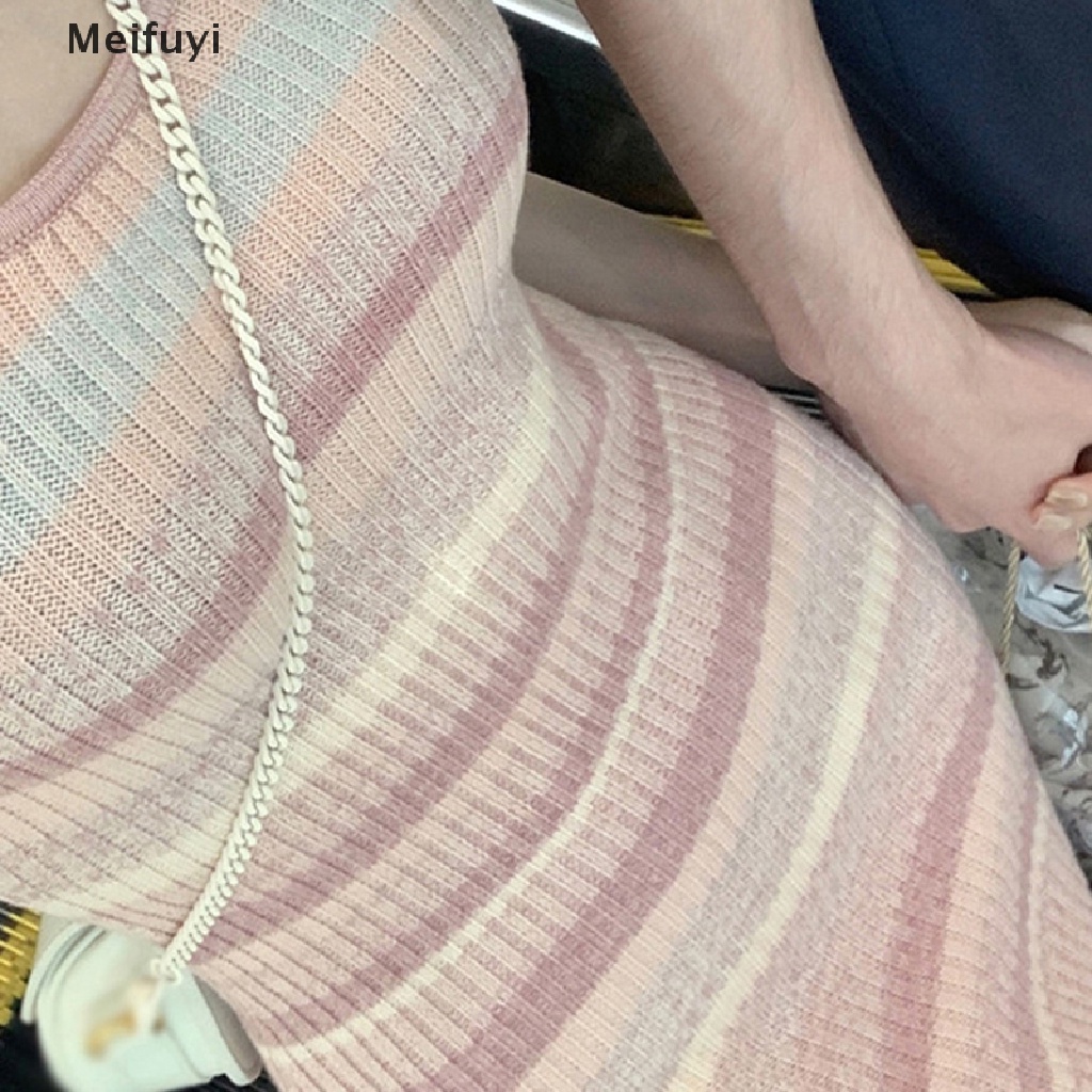 Đầm Mini Dệt Kim Ôm Dáng Không Tay Co Giãn Họa Tiết Kẻ Sọc Màu Hồng Thời Trang Mùa Hè Cho Nữ
