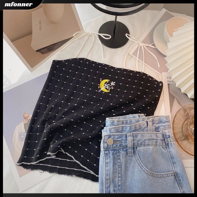 Áo Hai Dây Cotton Mềm Mại Họa Tiết Sọc Caro Thêu Hình Mặt Trăng Thắt Dây Thời Trang Cho Nữ