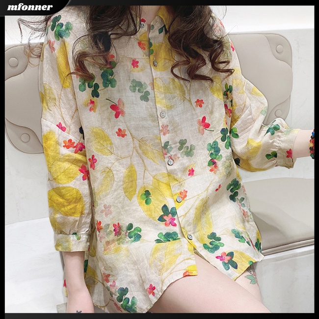 Áo Sơ Mi Tay Phồng 3 / 4 Bằng Cotton Thân Thiện Với Da Thoáng Khí In Họa Tiết Hoa Cho Nữ
