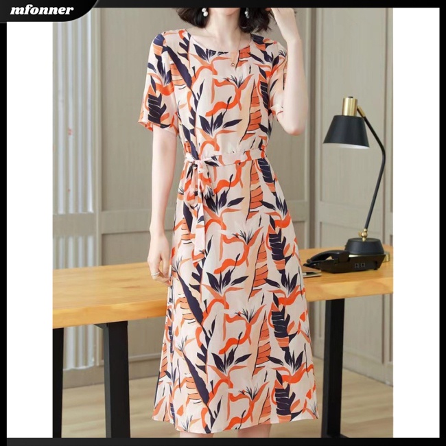 Đầm Midi Tay Ngắn Cổ Tròn Buộc Eo In Họa Tiết Lãng Mạn Thời Trang Cho Nữ