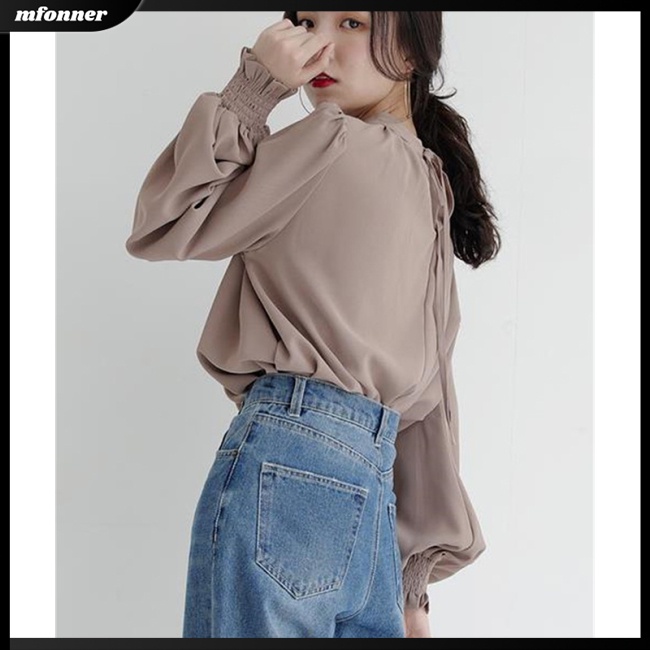 Áo Sơ Mi Voan Cổ Đứng Dài Tay Màu Trơn Phong Cách Retro Thời Trang Dành Cho Nữ