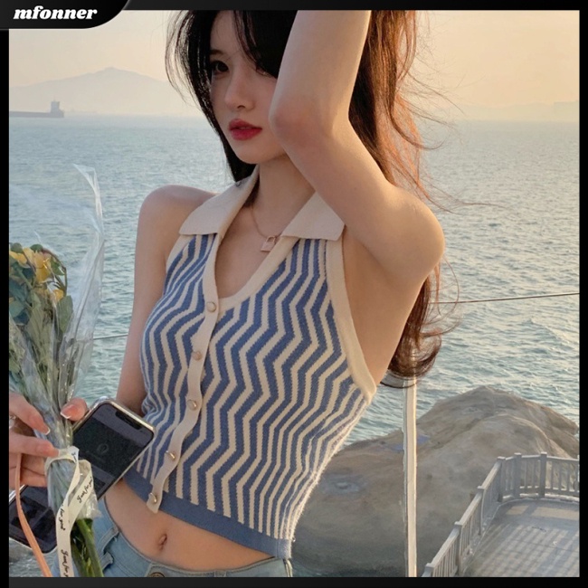 Áo Hai Dây Cổ Chữ V Khoét Sâu Họa Tiết Kẻ Sọc Màu Sắc Tương Phản Chất