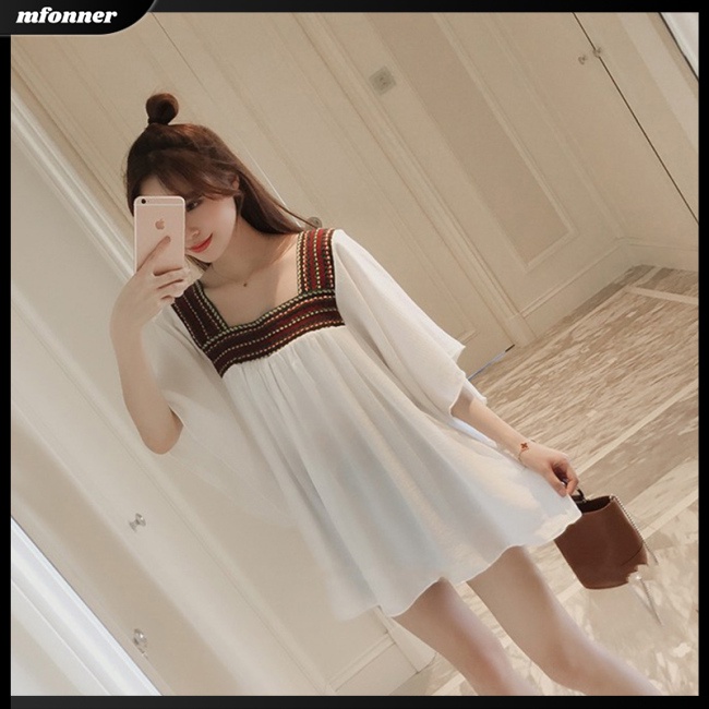 Áo Chiffon Mỏng Dáng Rộng Cổ Chữ U Thêu Họa Tiết Thổ Cẩm Thời Trang Mùa Hè Cho Nữ