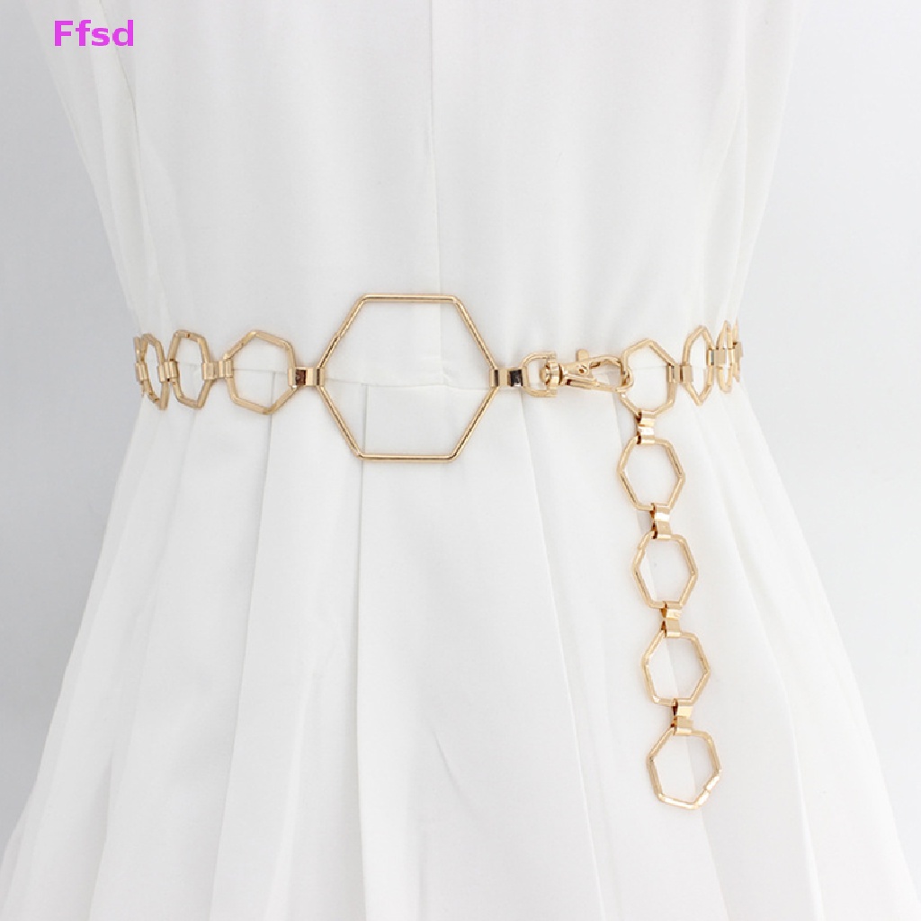 Thắt Lưng Dây Xích Lục Giác Bằng Kim Loại Màu Vàng / Bạc Phong Cách Cổ Điển Thời Trang Cho Nữ