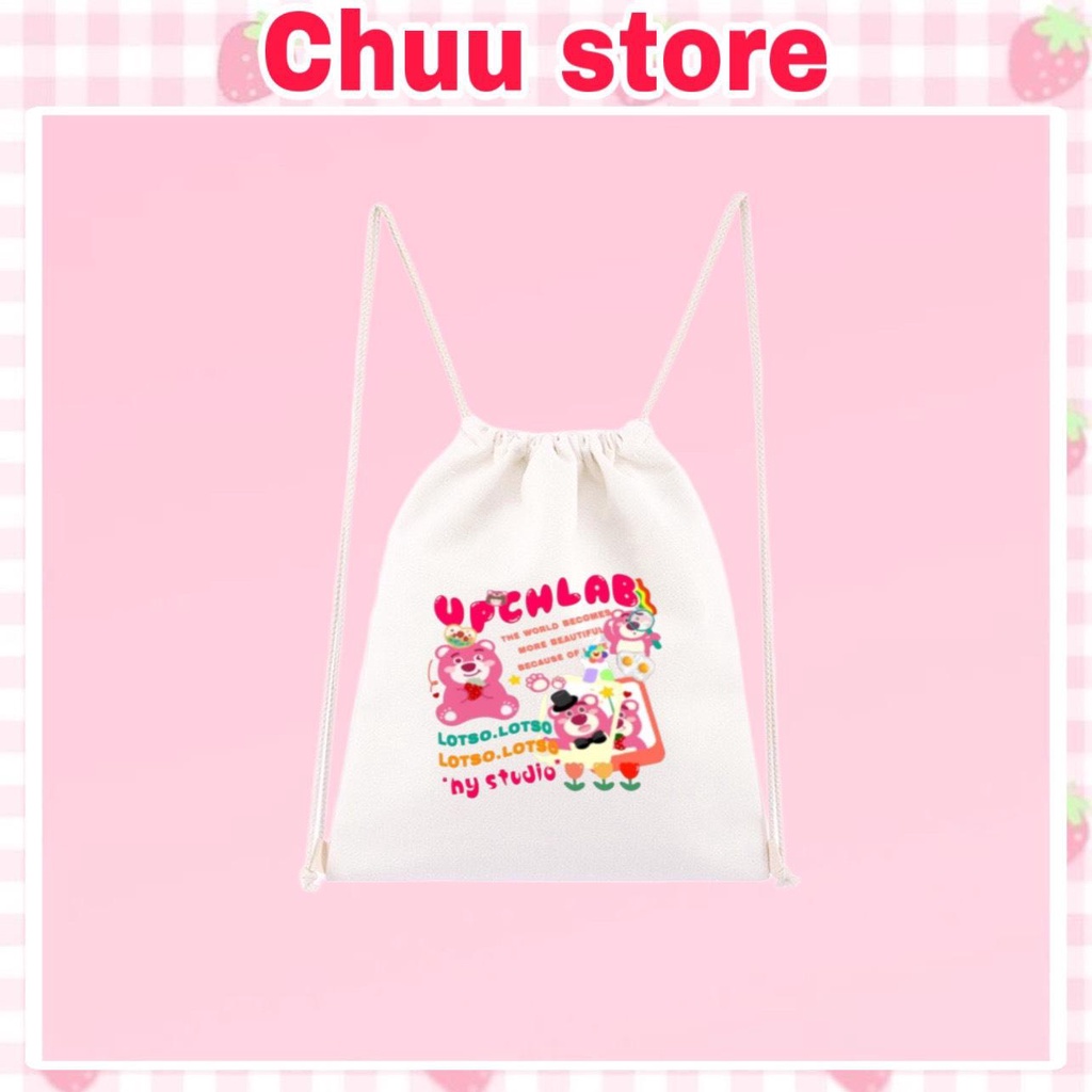 Balo Dây Rút Mini Gấu Dâu Đáng Yêu Vải Canvas Style Ulzzang Hàn Quốc TGD04