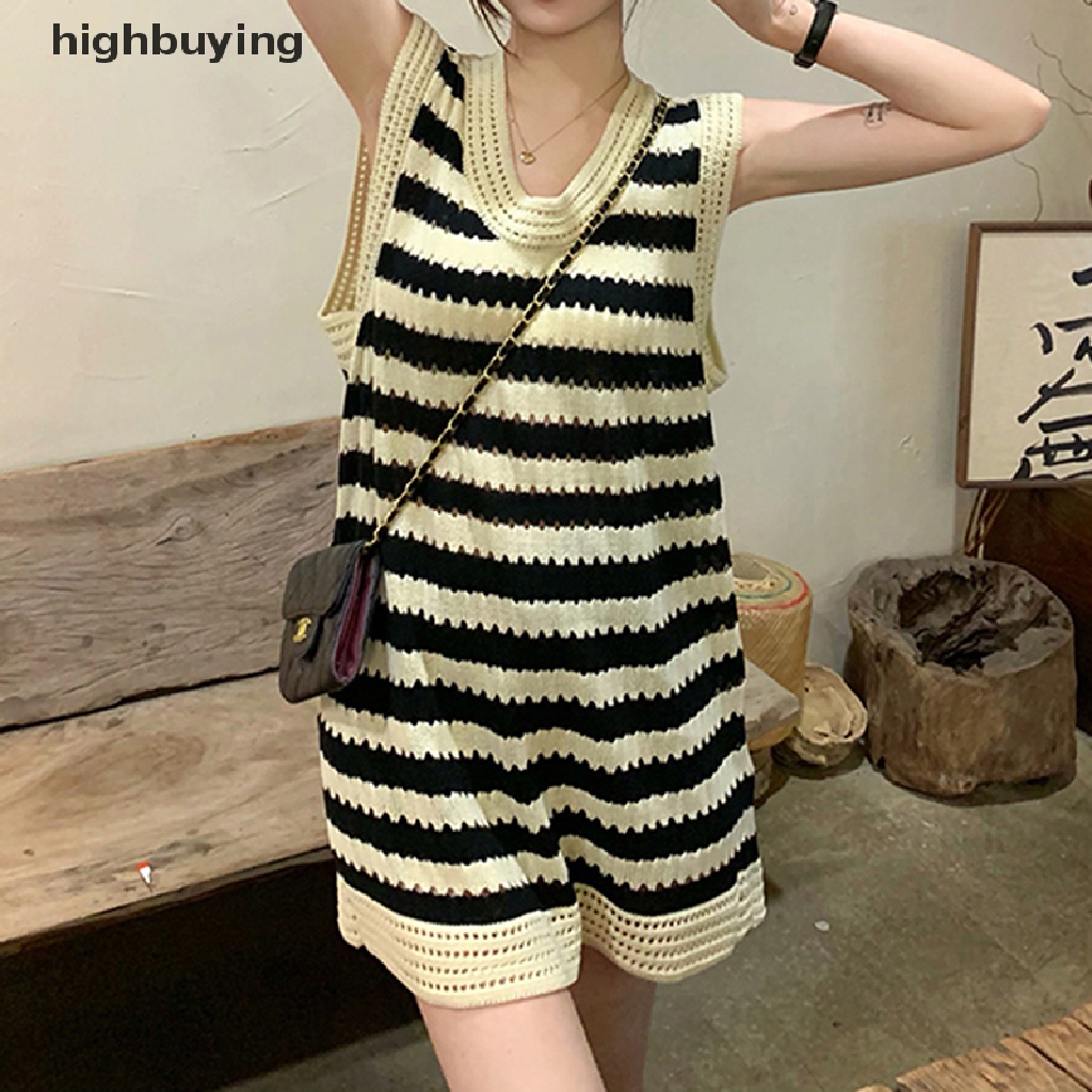 Đầm Dệt Kim Không Tay Cổ Tròn Họa Tiết Kẻ Sọc Belle Y2K Phong Cách Hàn Quốc