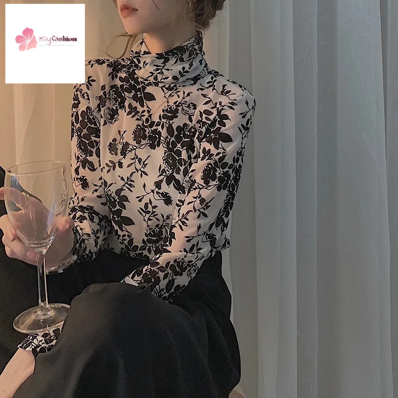 Áo Kiểu Tay Dài Cổ Cao Màu Đen Phối Lưới Xuyên Thấu Hợp Thời Trang Mùa Thu