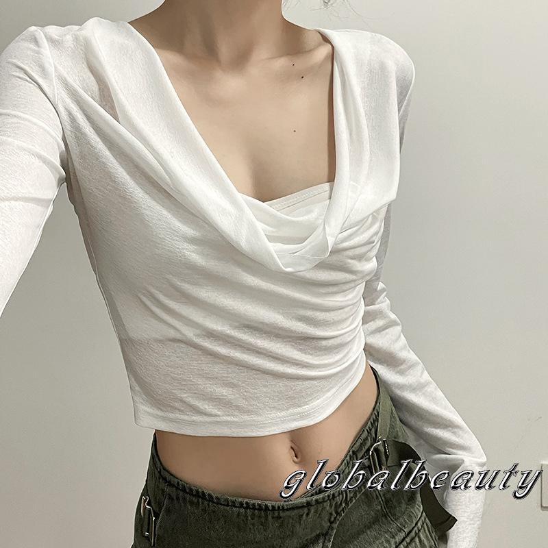 Áo Croptop Mỏng Tay Dài Màu Trơn Có Nón Phía Trước Phong Cách Đường Phố Cho Nữ