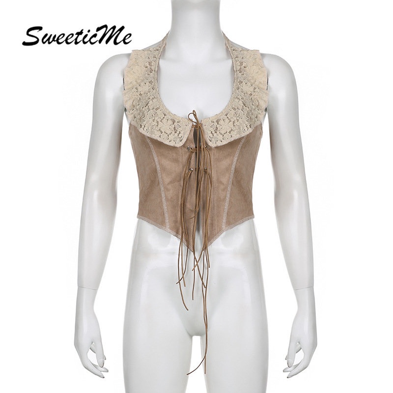 Áo Hai Dây Cổ Chữ U Phối Ren Màu Tương Phản Thời Trang Mới 2023 Dành Cho Bạn Nữ