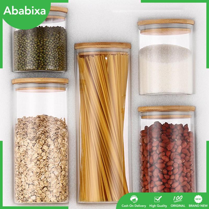 Bộ 5 Hũ Thủy Tinh Đựng Trà / Gia Vị Có Nắp Tre Tiện Dụng