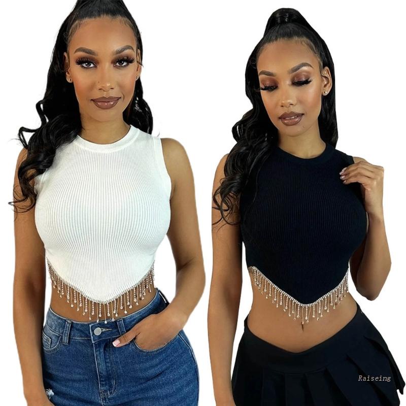 Áo Croptop Sát Nách Phối Tua Rua Đính Đá Phong Cách Đường Phố Cho Nữ Y2k