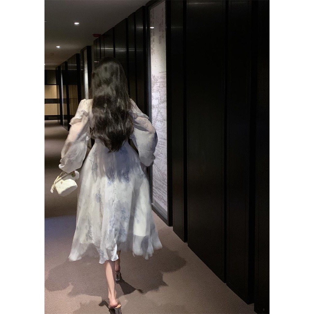 Đầm maxi Vải Voan Cổ V Tay Dài In Hoa Kiểu Pháp Thời Trang Mùa Hè Cho Nữ