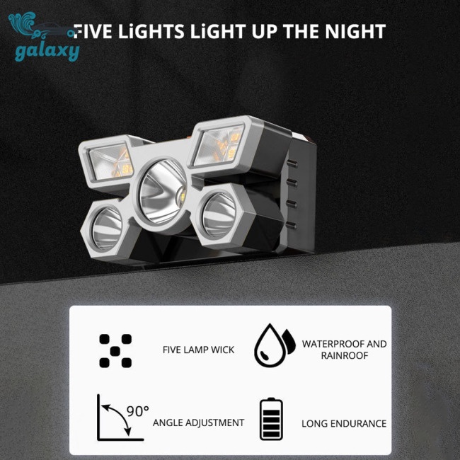 Galaxy Đèn Pin Đeo Trán 5 Bóng Led Sạc Cổng Usb Mang Đi Tiện Dụng