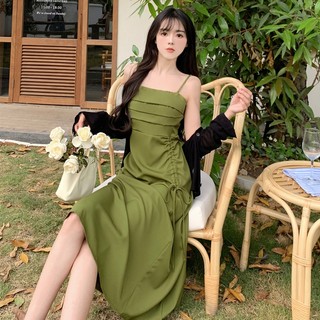 Đầm Hai Dây Mùa Hè 2023 Dáng Dài Eo Vừa Phối Dây Rút HZFWC368