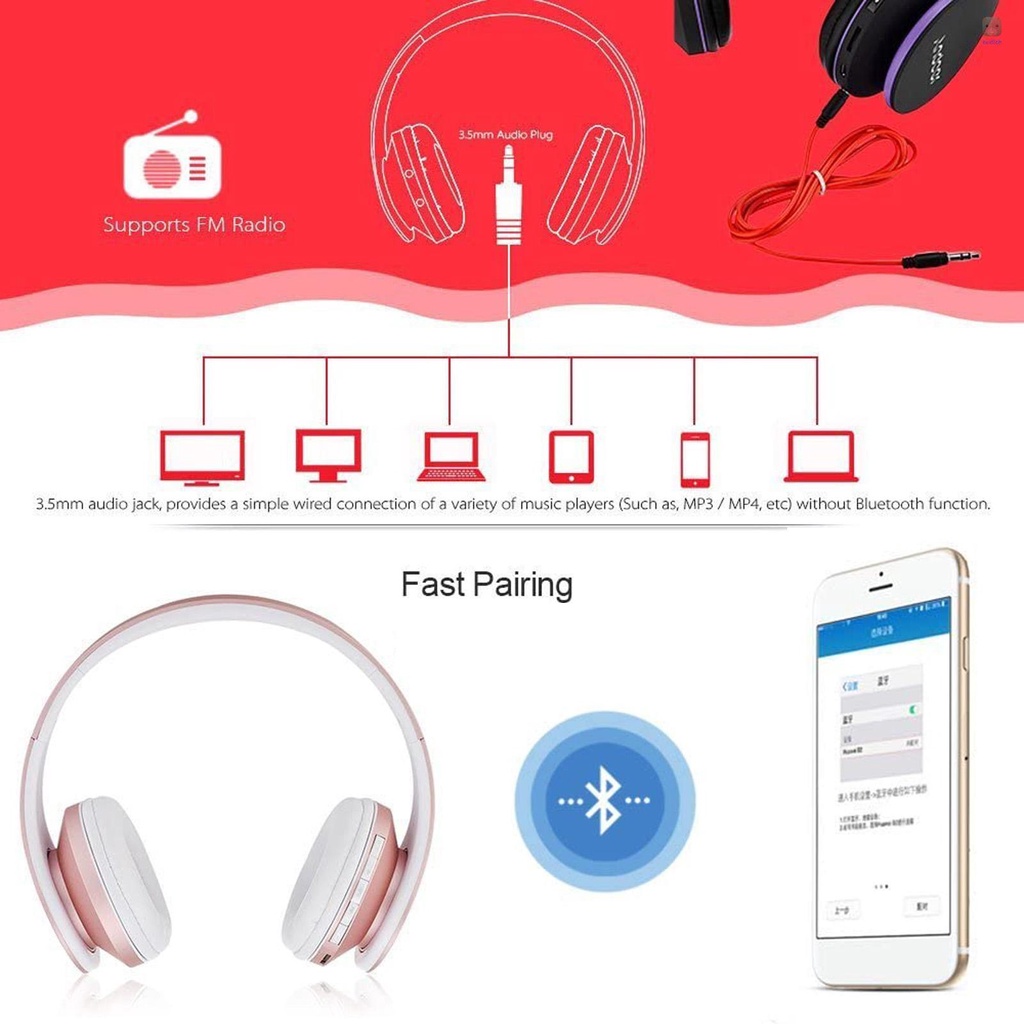 Tai Nghe Chụp Tai Andoer Bluetooth Không Dây Jack 3.5mm Có Thể Gập Lại Hỗ Trợ Thẻ TF Đài FM Cho Điện Thoại Máy Tính Bảng Laptop (Màu Vàng Hồng)