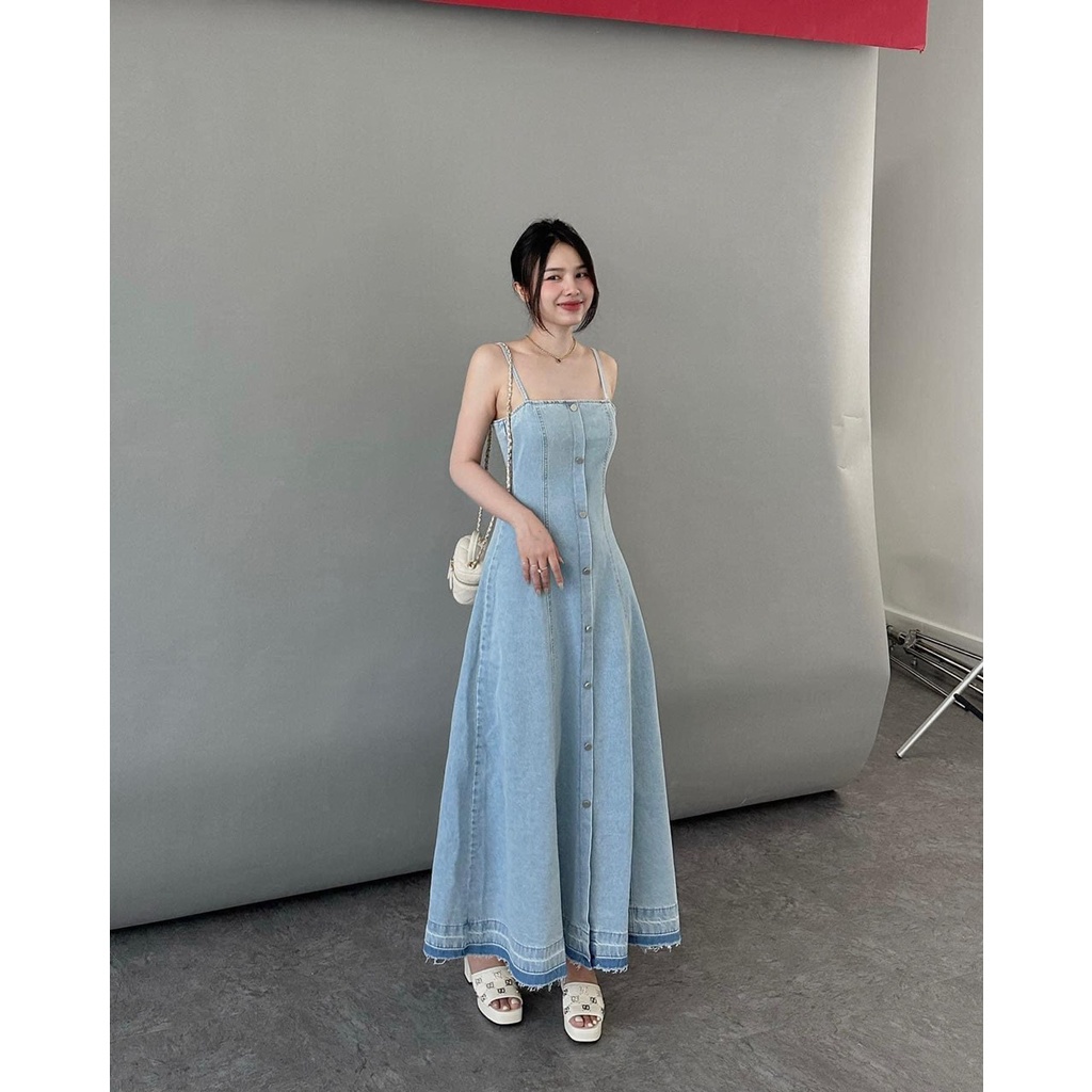 Đầm midi jean 2 dây lai phối tưa