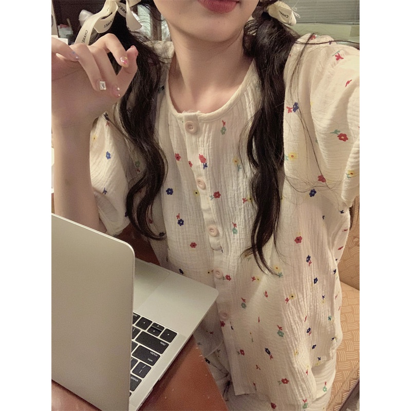 Bộ Đồ Ngủ Tay Ngắn In Hoa Dễ Thương Thoải Mái Thời Trang Mùa Hè Cho Nữ