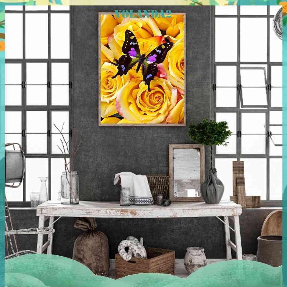 Bộ Tranh Đính Đá 5D Tự Làm Toàn Diện Hình Bướm Và Hoa Hồng Vàng Trang Trí Tường