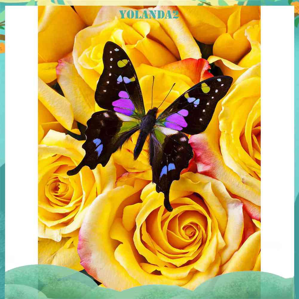 Bộ Tranh Đính Đá 5D Tự Làm Toàn Diện Hình Bướm Và Hoa Hồng Vàng Trang Trí Tường