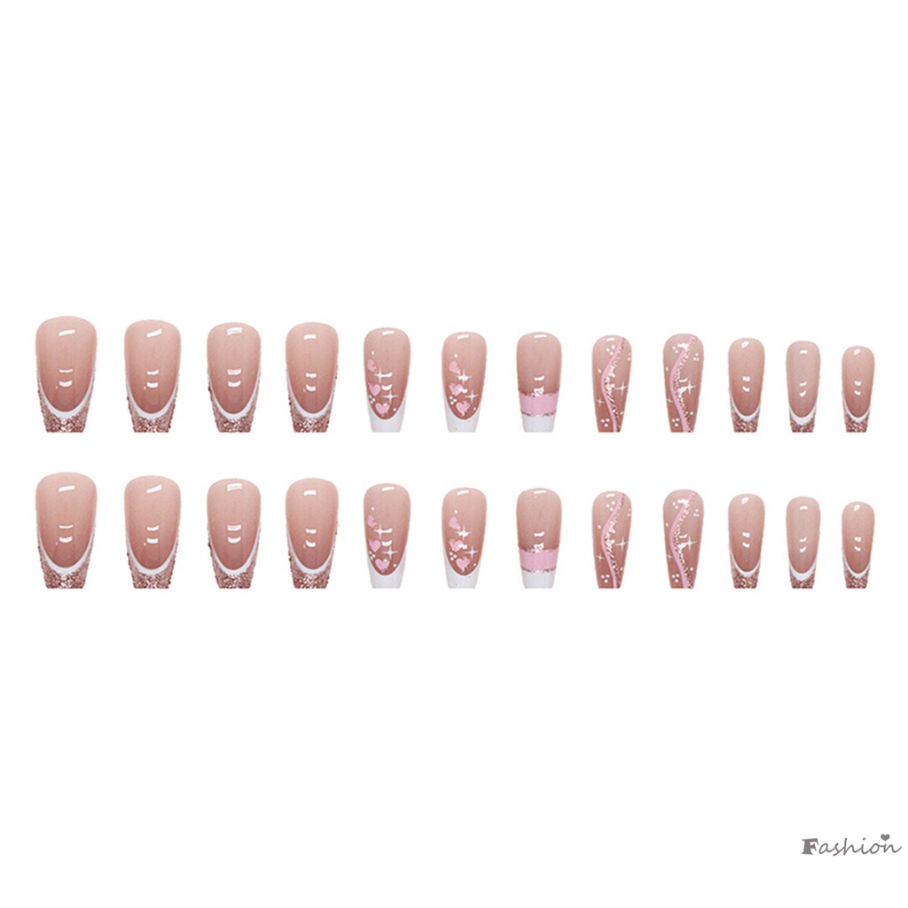 Móng Tay Giả Dài Màu Hồng Đính Kim Sa Viền Trắng Che Phủ Toàn Diện Có Thể Tái Sử Dụng