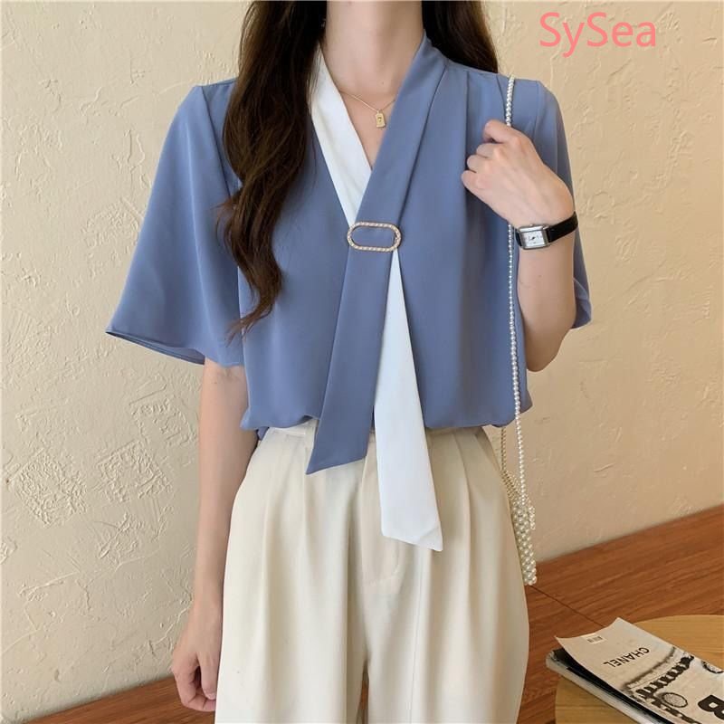 Áo Sơ Mi Ngắn Tay Cổ Chữ V Dáng Rộng Thanh Lịch Dành Cho Nữ