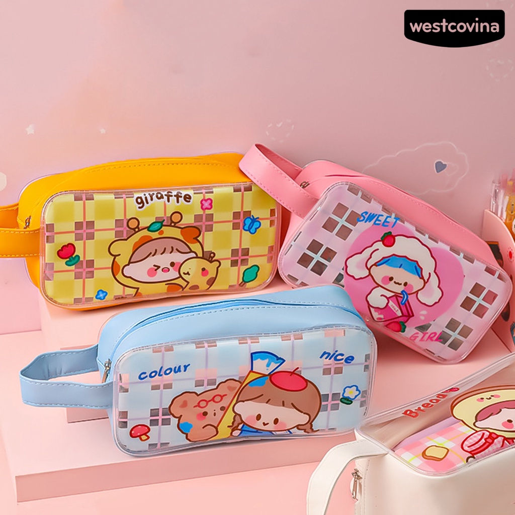 [COD]♪Túi Đựng Bút Trong Suốt Chống Thấm Nước Sức Chứa Lớn Có Dây Khóa Kéo In Họa Tiết Hoạt Hình
