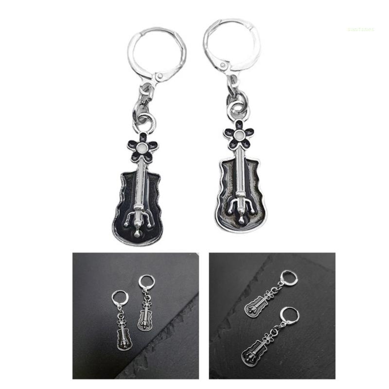 Bông Tai Kim Loại Màu Đen / Bạc Hình Đàn Guitar Phong Cách Gothic Punk Thời Trang Cho Nam Và Nữ