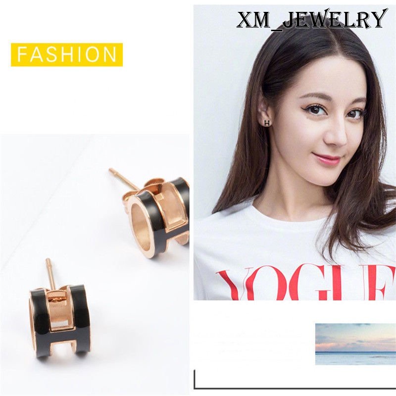 Bông Tai Chữ Bằng Thép Titan Mạ Vàng Hồng 18k Thời Trang | Bông Tai Bằng Thép Không Gỉ Tráng Men Nhẹ Sang Trọng