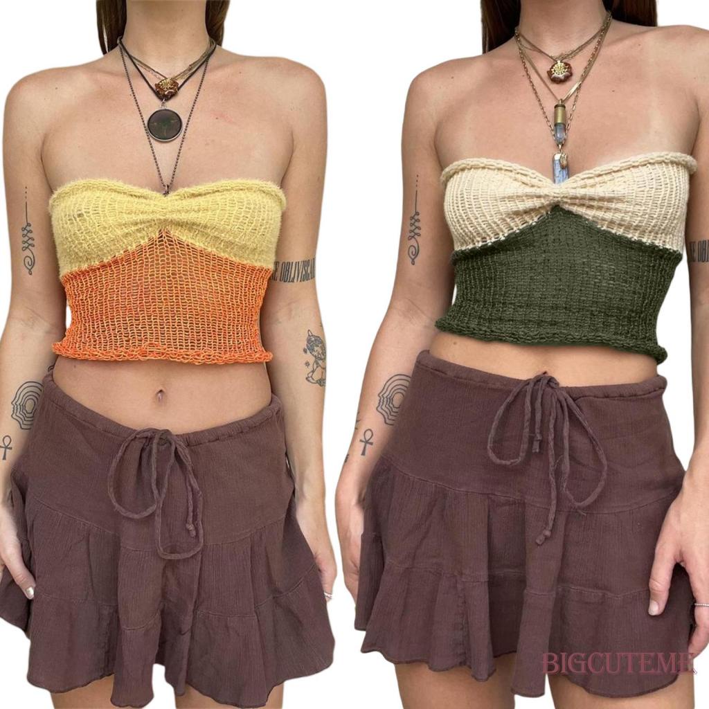 Áo Ống Dệt Kim Mini Không Tay Màu Sắc Tương Phản Thời Trang Mùa Hè Dành Cho Nữ