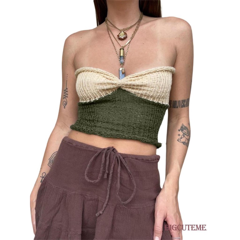 Áo Ống Dệt Kim Mini Không Tay Màu Sắc Tương Phản Thời Trang Mùa Hè Dành Cho Nữ