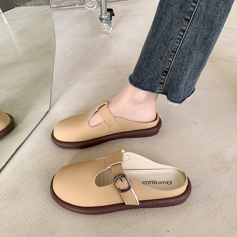 Qinos Dép Muller Mũi Tròn Phong Cách retro 2023 Cho Nữ