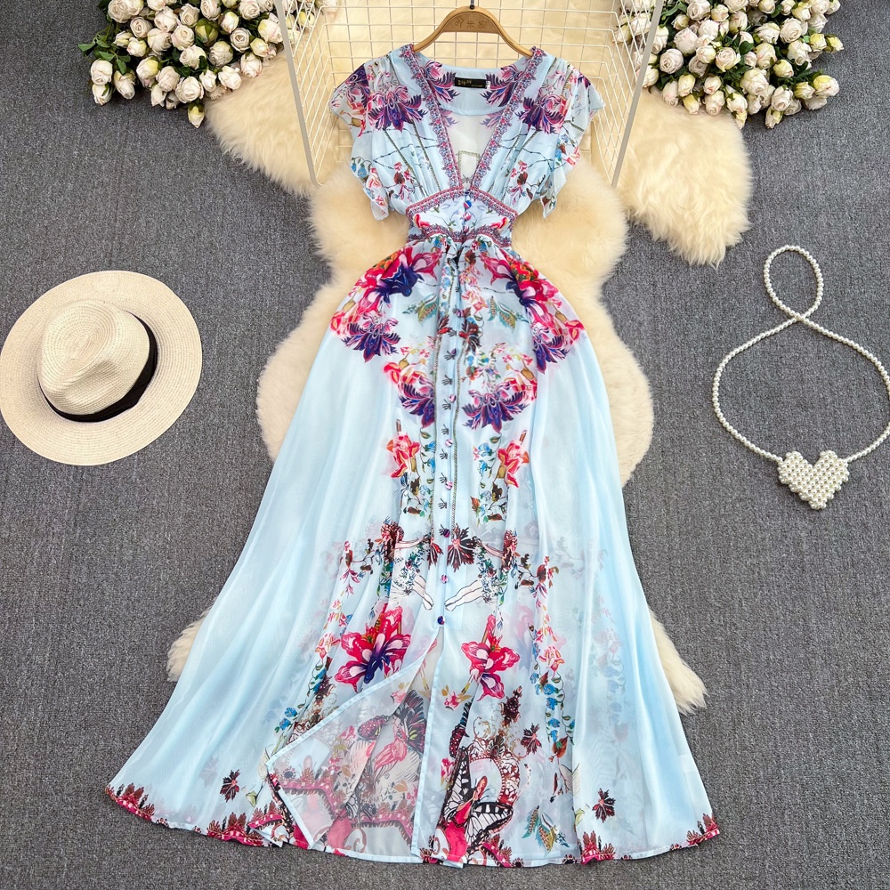 Đầm Maxi Vải Voan Eo Cao Cổ Chữ V Tay Bay In Họa Tiết Bohemian Thời Trang Mùa Hè 2023