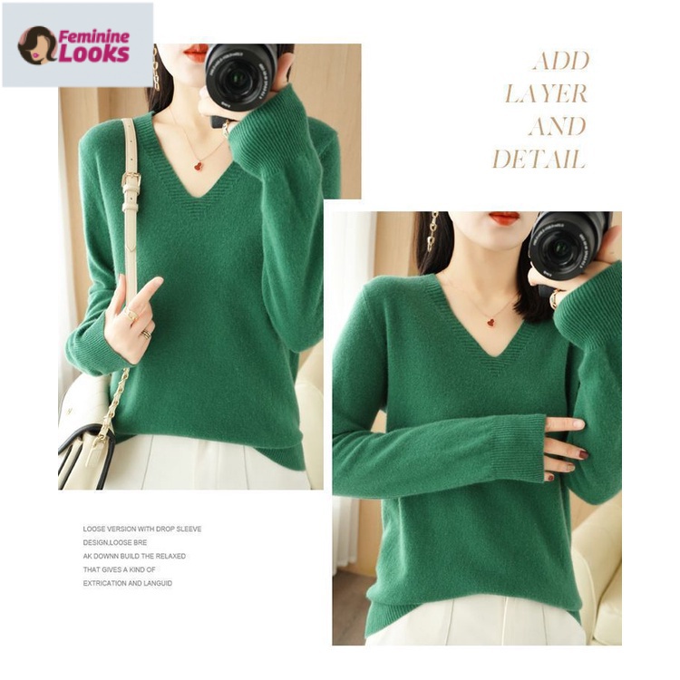 Áo Sweater Tay Dài Cổ Chữ V Màu Sắc Đơn Giản Cho Nữ