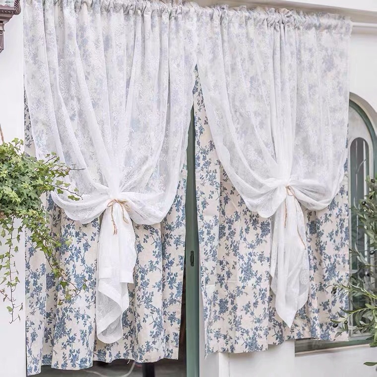 Rèm cửa hoa tân cổ xanh vintage hai lớp voan ren phong cách hàn quốc
