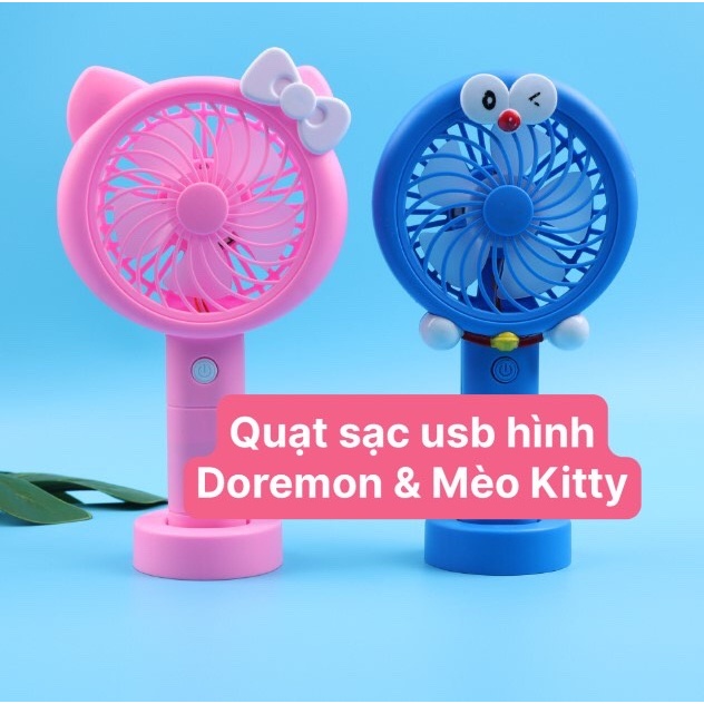 Quạt sạc cổng Usb tích điện cầm tay hình Doraemon, Mèo Hello Kitty