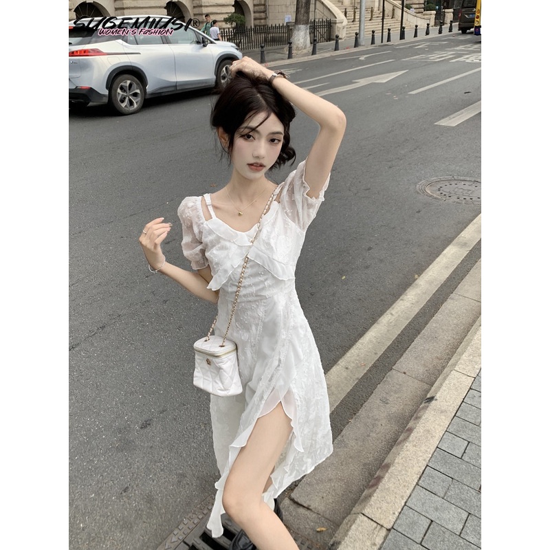 Đầm Sugemiusi Trắng Mùa Hè Ôm Eo Tay Ngắn Viền Bèo Mỏng Phong Cách Mới Cho Nữ
