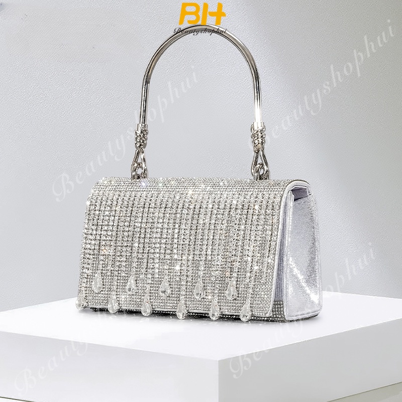 Túi Xách Đeo Vai Một Bên Vai Tay Cầm Kim Cương Nước Nóng Bỏng Phối Tua Rua Thời Trang Cho Nữ