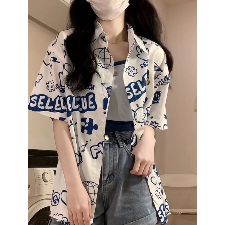 NRVP Áo Sơ Mi Nữ Ngắn Tay In Họa Tiết Độc Đáo Phong Cách Hàn Quốc Mới