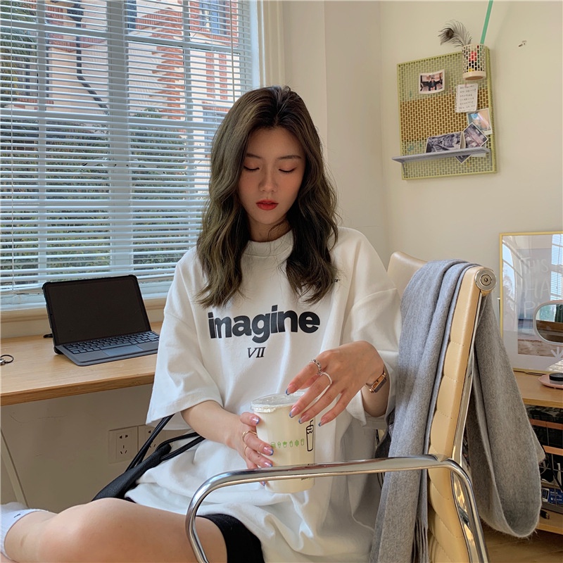 Áo Thun Tay Lửng Dáng Rộng In Chữ Trước Sau Lưng Phong Cách Hàn Quốc
